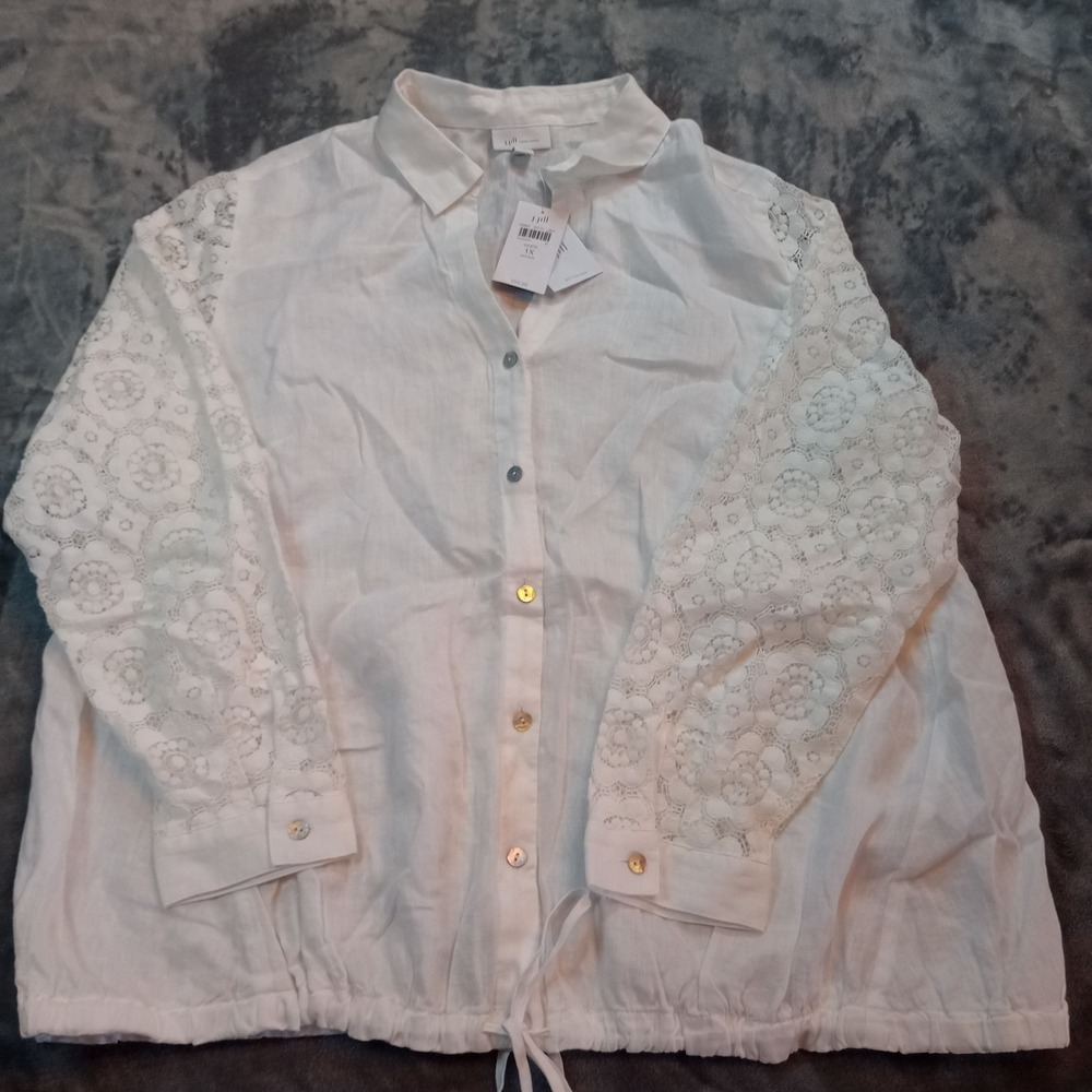 J Jill Love Linen Shirt Womens 1X White Button Lace Relaxed‎ Drawstring Coastal